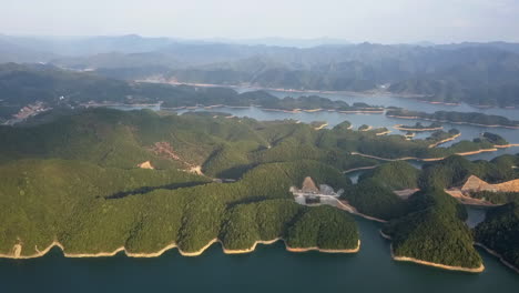 aerial tilt: thousand island lake scenic area in xinanjiang reservoir