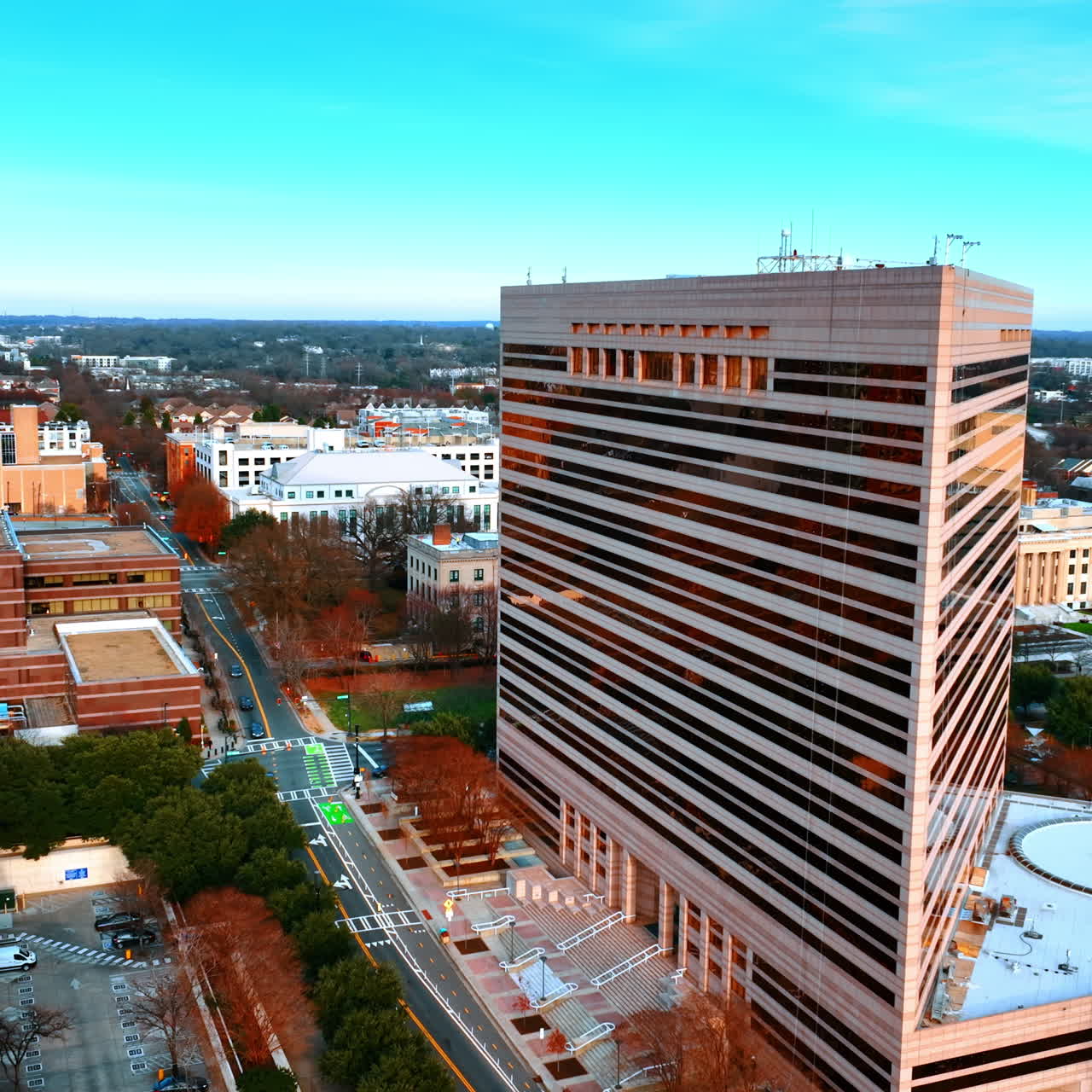 Unusual geometrical architecture of the city Charlotte, North Carolina, USA. Top view on the urban landscape at daytime.