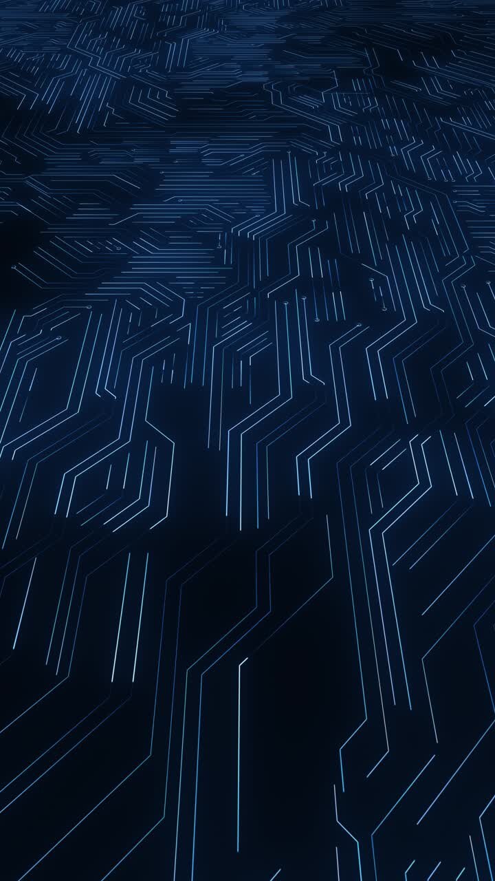 Motivo di circuito dinamico in movimento che brilla di blu, creando uno sfondo futuristico di innovazione tecnologica.