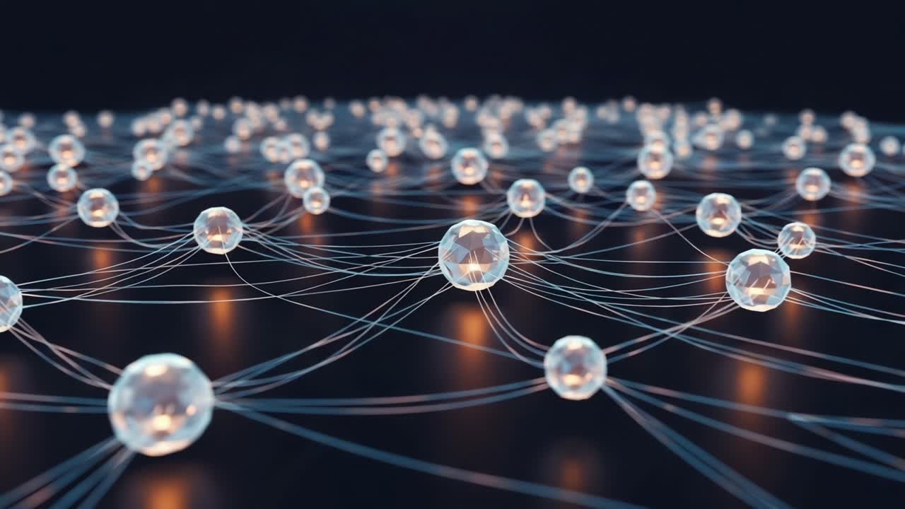 A mesmerizing visual representation of interconnected spheres suspended in a dark space, showcasing intricate threads of light weaving through and around luminous orbs