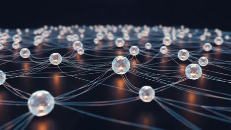 a mesmerizing visual representation of interconnected spheres suspended in a dark space, showcasing intricate threads of light weaving through and around luminous orbs