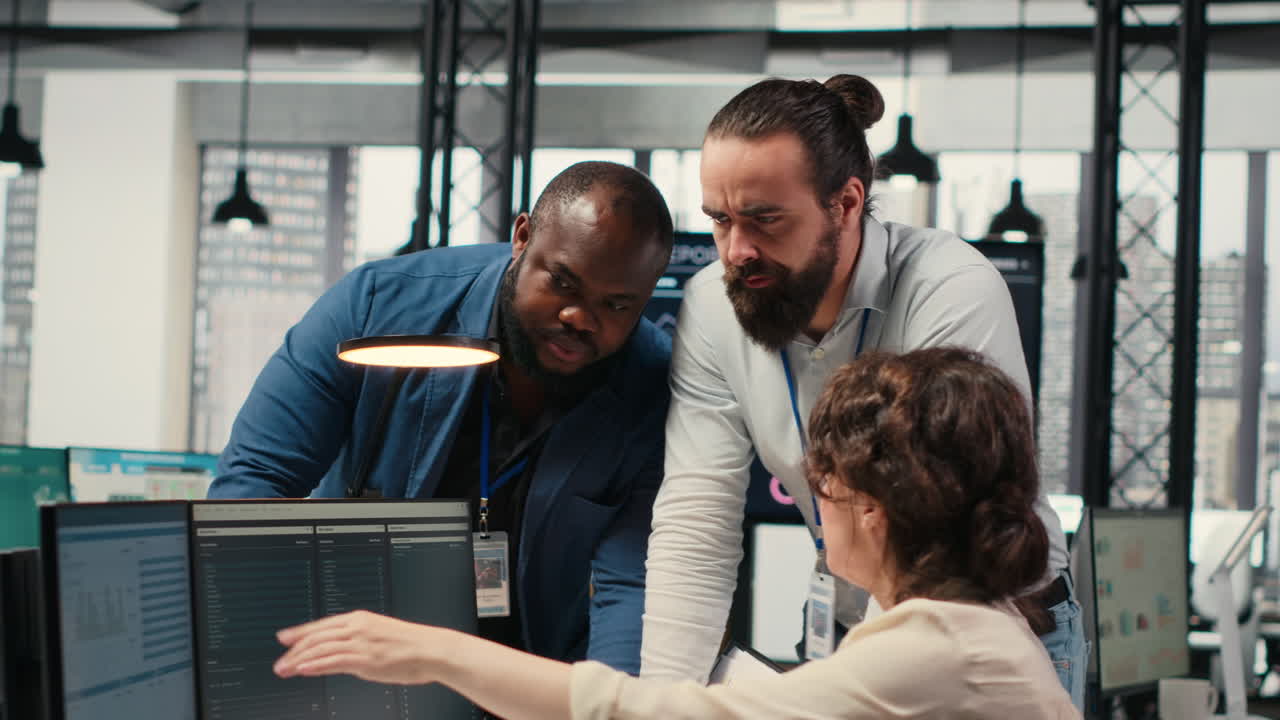 Vertical Video Diverse corporate staff working together on report writing in the office