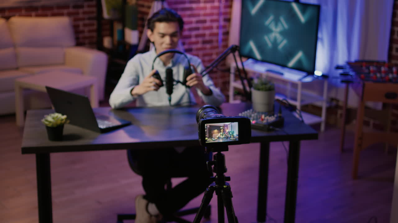 Man streaming online with camera and microphone