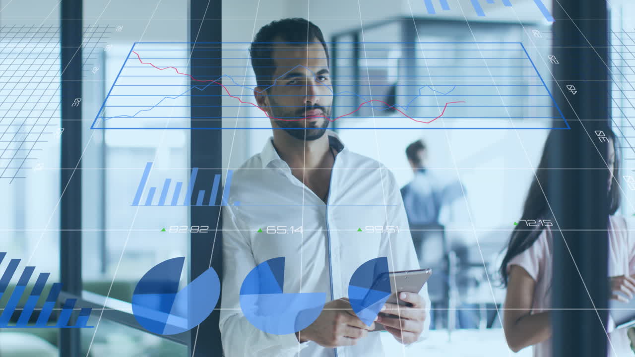 Animation of financial data processing over biracial businessman in office