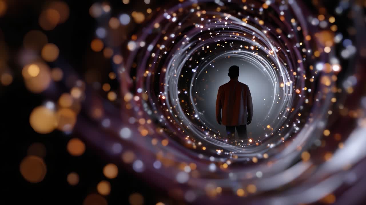 A mysterious figure stands at the end of a swirling cosmic tunnel filled with luminous particles, evoking a sense of wonder and exploration into the unknown