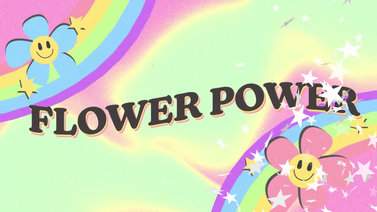 Animation of flower power text with rainbows and flowers on colourful background