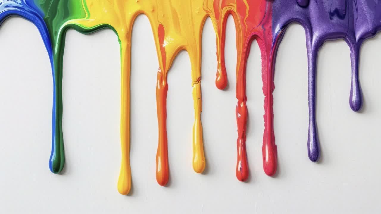 Vibrant paint drips in rainbow colors from a high angle, creating a dynamic and colorful abstract