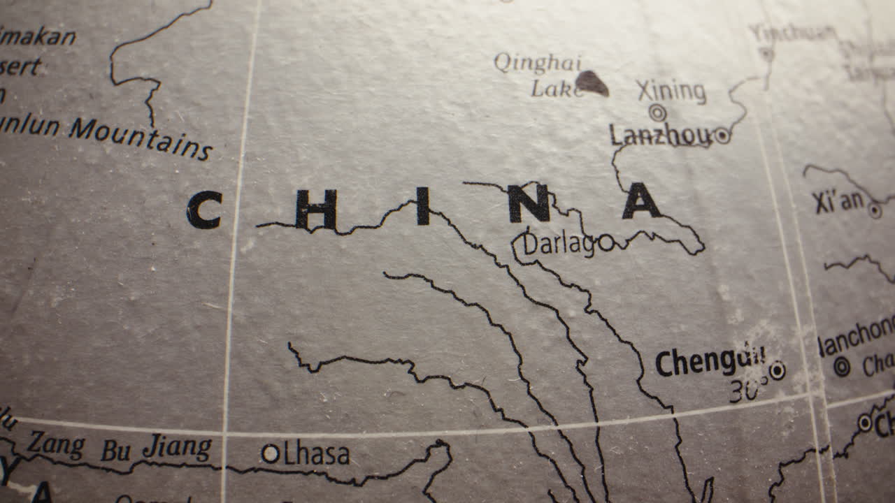 Close-up view of China on a globe or map