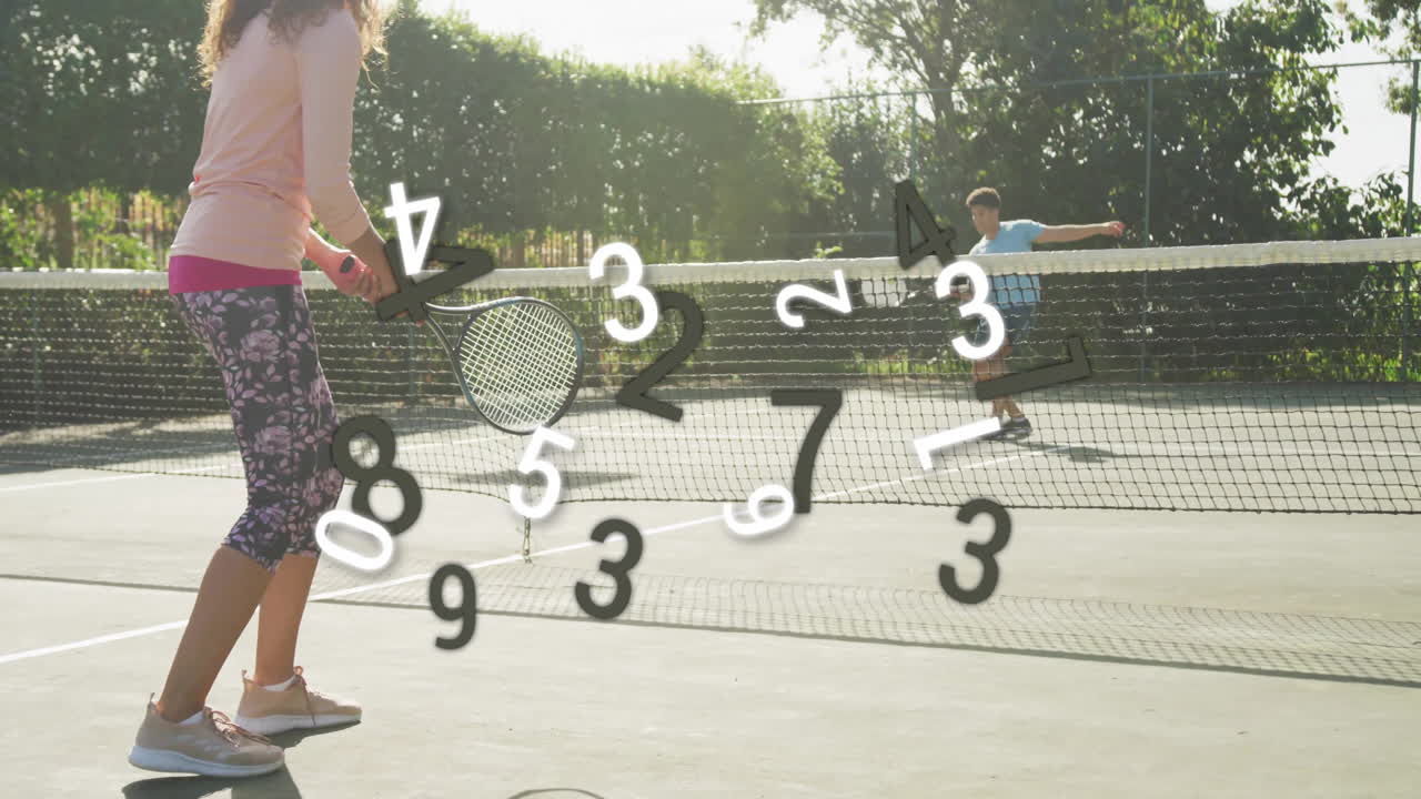 Female player hitting tennis ball on outdoor court, with animated sports overlay showing spin rate