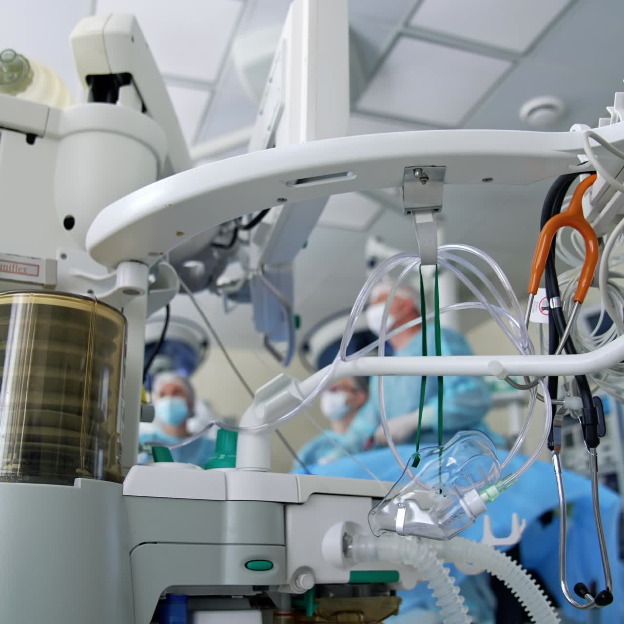 Mechanism of artificial lung ventilation in motion. Medical ventilator. Intensive care unit with Pneumonia diagnosing concept