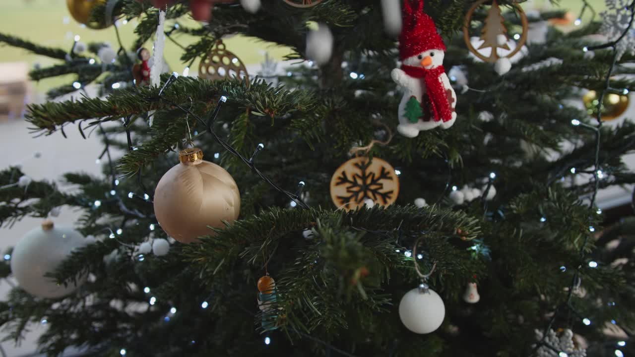Close-up of a decorated Christmas tree with ornaments and twinkling lights