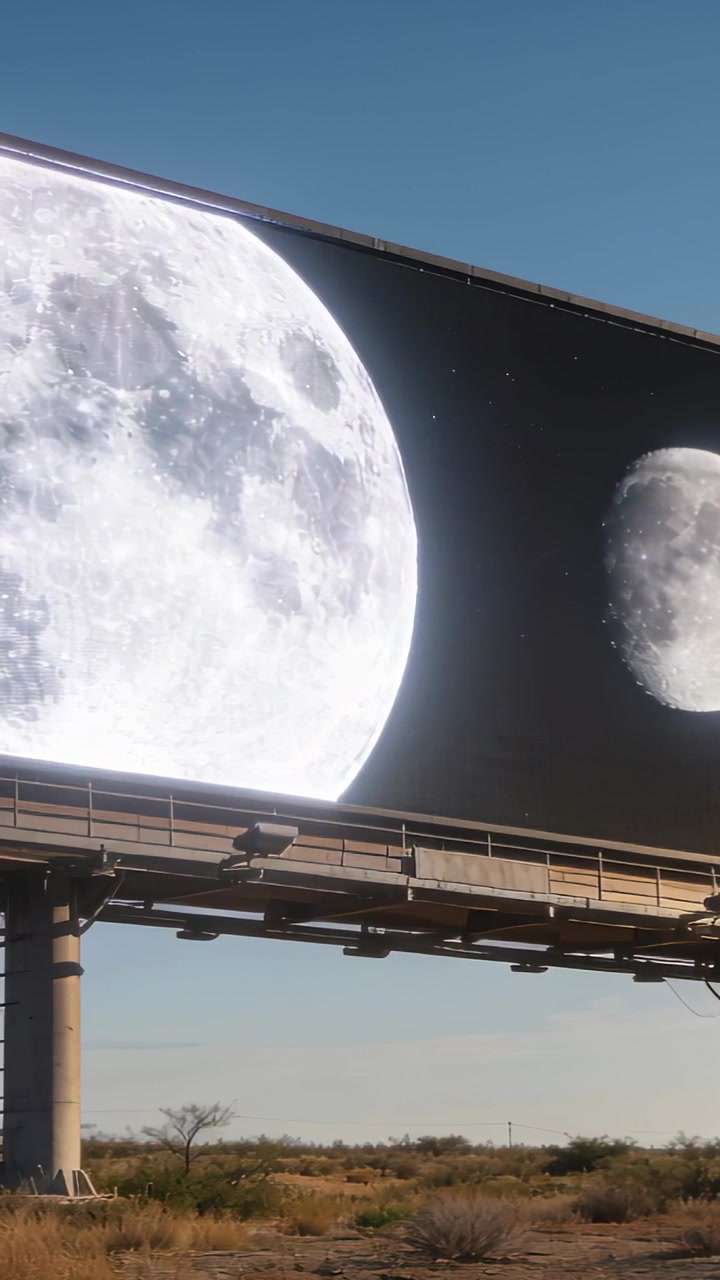 Video vertical: Cámara haciendo un paneo revelando valla publicitaria digital en el desierto mostrando dos lunas y una escalera