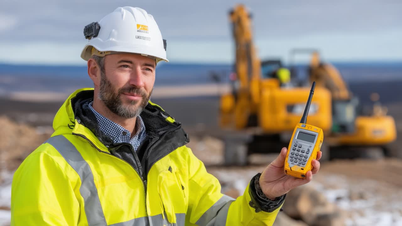 A Construction Site Professional Showcases Advanced Measurement Equipment in a Bright Yellow Jacket at a Remote Worksite with Heavy Machinery in the Background