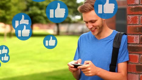múltiples pulgares hacia arriba como iconos flotando contra el hombre usando un teléfono inteligente