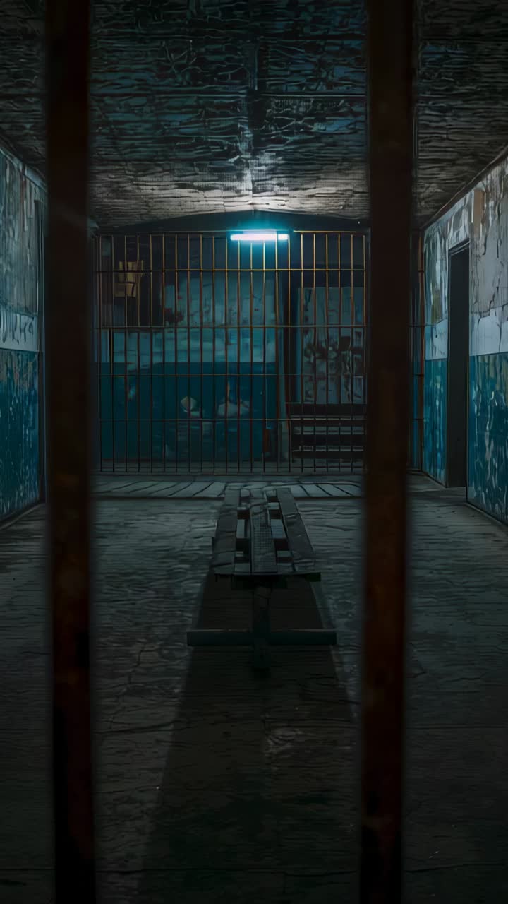 Vertical video: Flickering tube casting bench shadow across barred cell, front bars, peeling paint