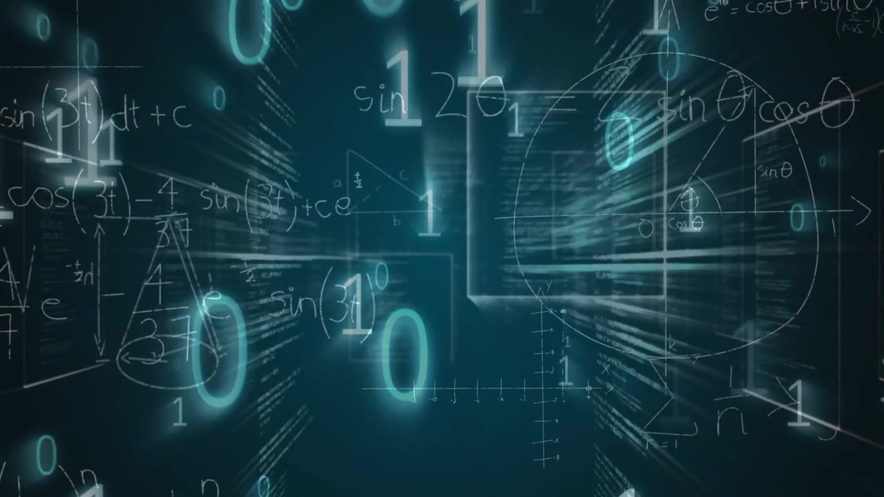 Digital Background with Floating Mathematical Formulas and Binary Code