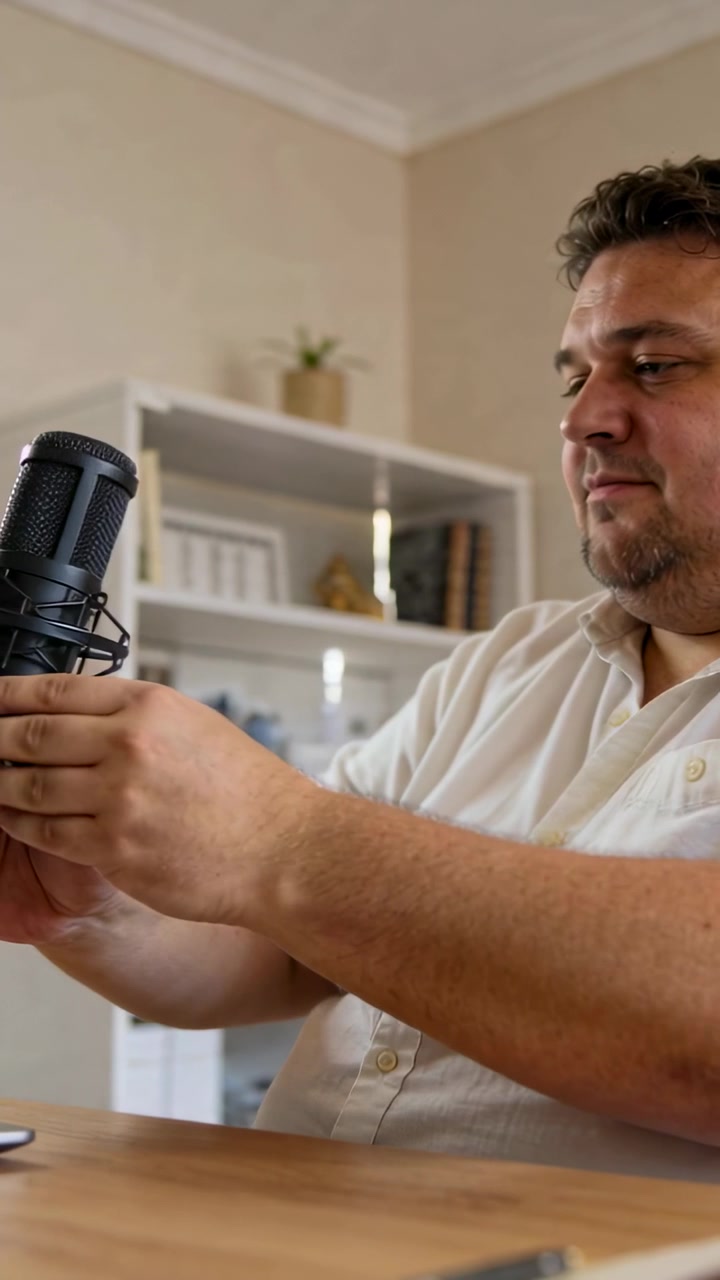 Vertikal video: Vært i lys skjorte justerer og monterer mikrofon i hjemmekontor til optagelse, plads til tekst.
