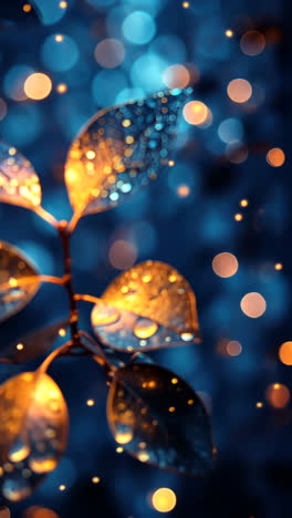 glowing leaves adorned with drops of water amidst soft bokeh lights