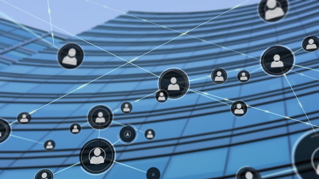 현대적인 사무실 건물 위의 사람들과의 연결 네트워크 아이콘의 애니메이션