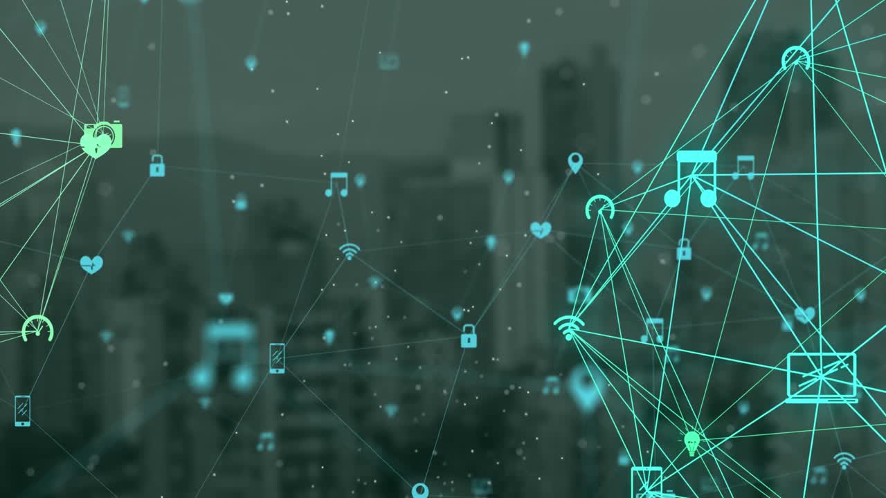 Animation of globes of digital icons spinning against aerial view of cityscape