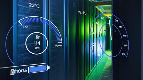 animation of speedometer and data processing over server room