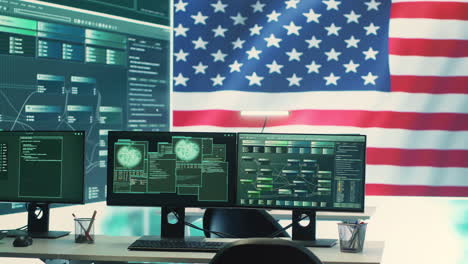 una sala de operaciones digital vacía con una bandera estadounidense en una pantalla grande.