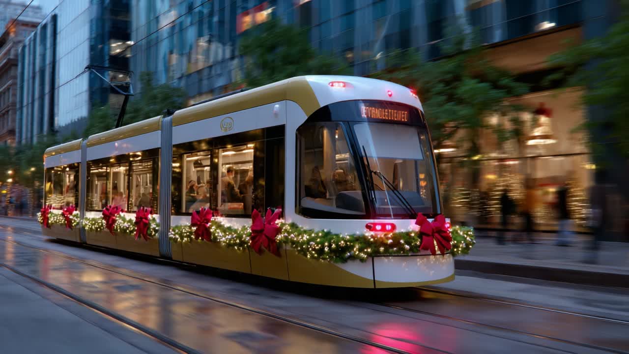 A Festively Decorated Tram Gliding Through a City Street, Adorned with Christmas Lights and Bows, Capturing the Holiday Spirit in an Urban Setting as Day Transitions to Night