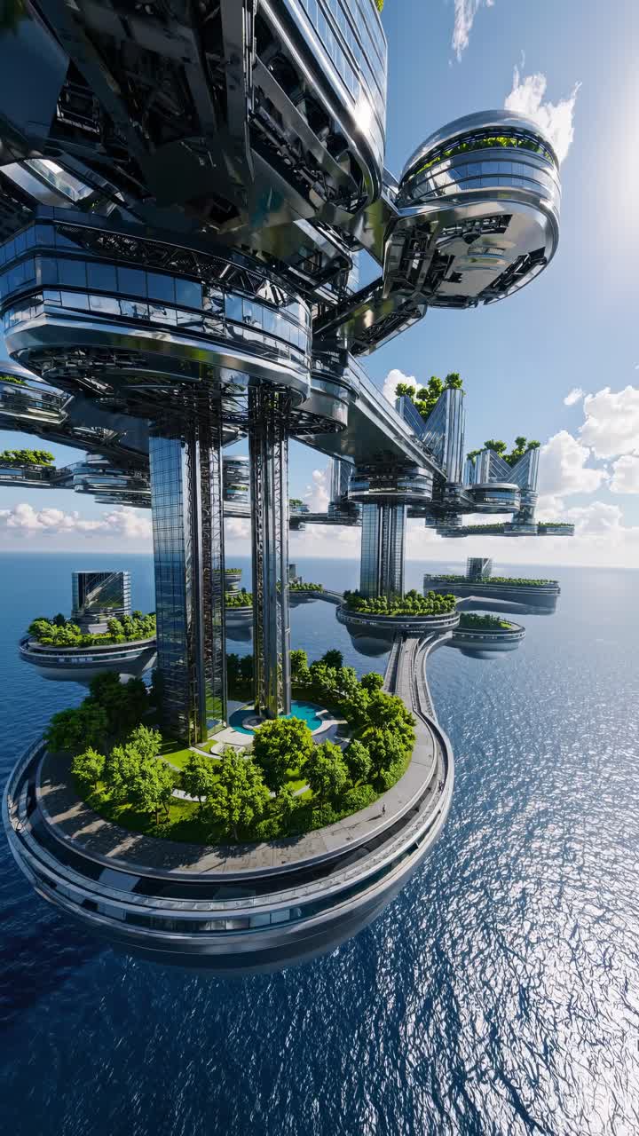 Futuristic floating city with lush greenery, captured from a low-angle