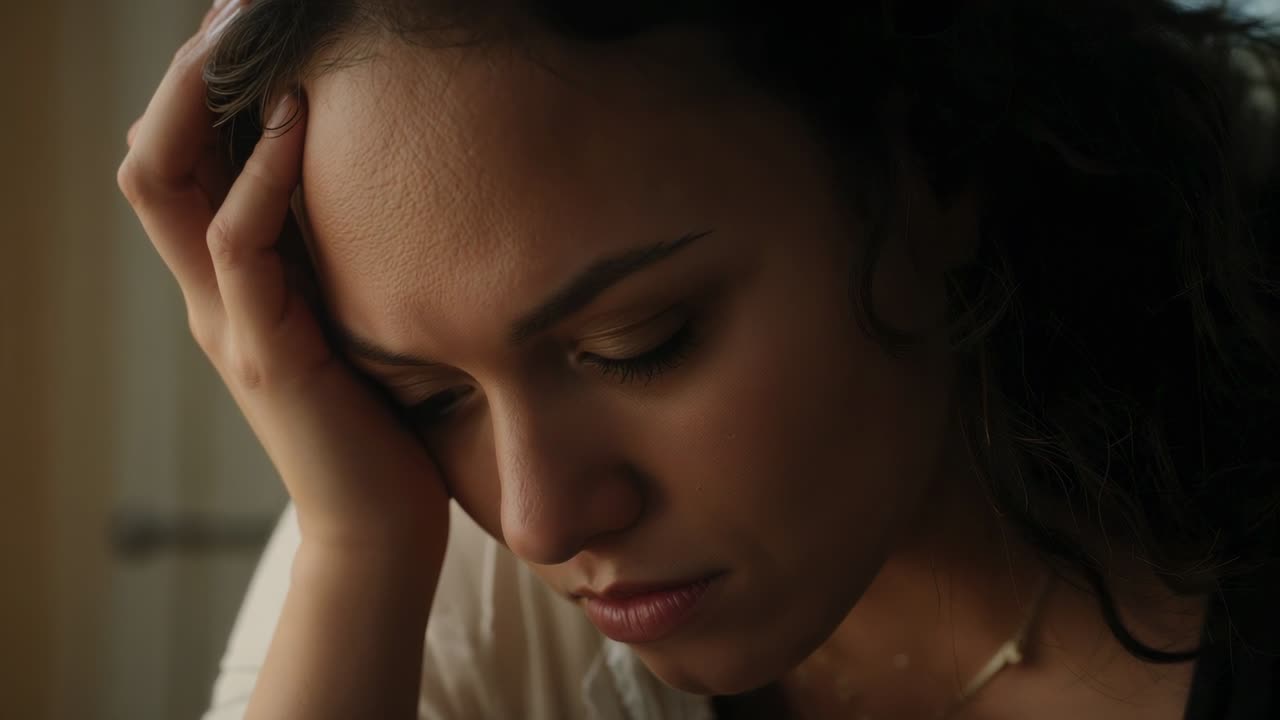 Mulher com a mão direita na testa, usando blusa clara e colar, abaixando os olhos em casa