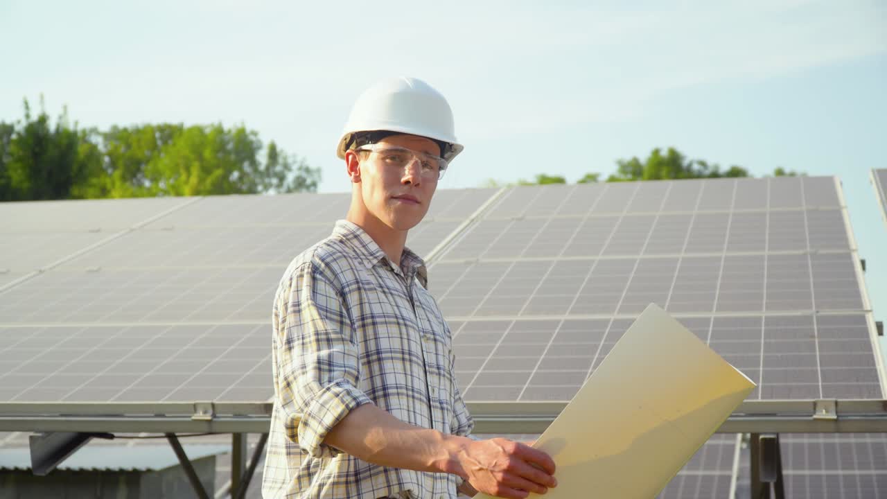 Engineer in a white helmet is at the solar power station. Green energy concept. Photovoltaic panel