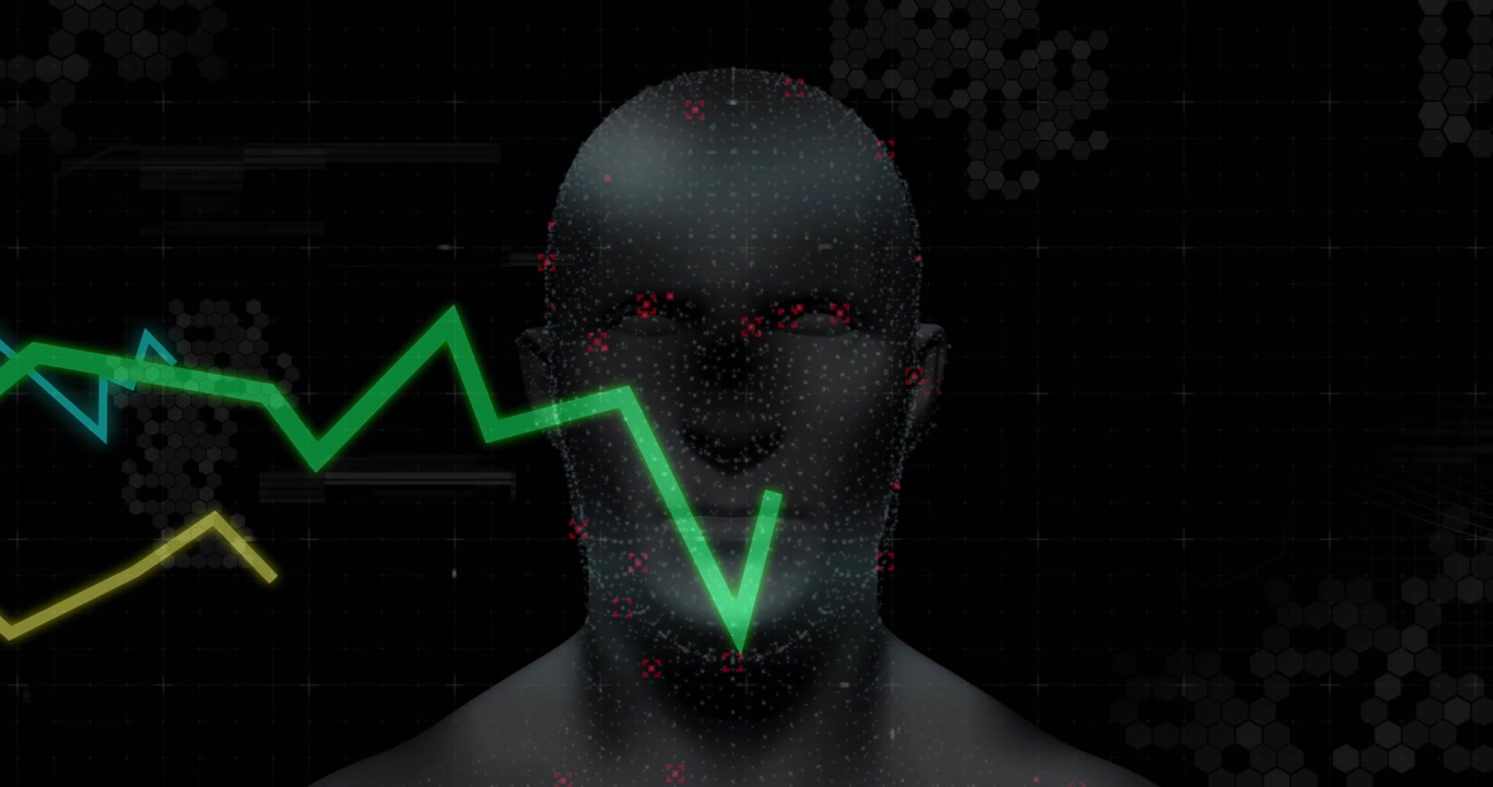 Grid fading in, graph lines sliding over dotted head, red dots clustering, highlighting data trends