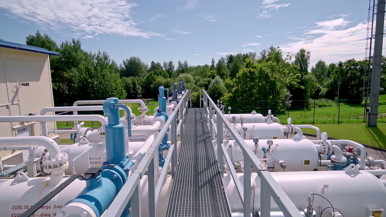 A Walkway Runs Through Rows of Industrial Gas or Liquid Storage Tanks and Pipelines, Surrounded by Greenery Under a Bright, Clear Sky - Aerial Pullback Shot