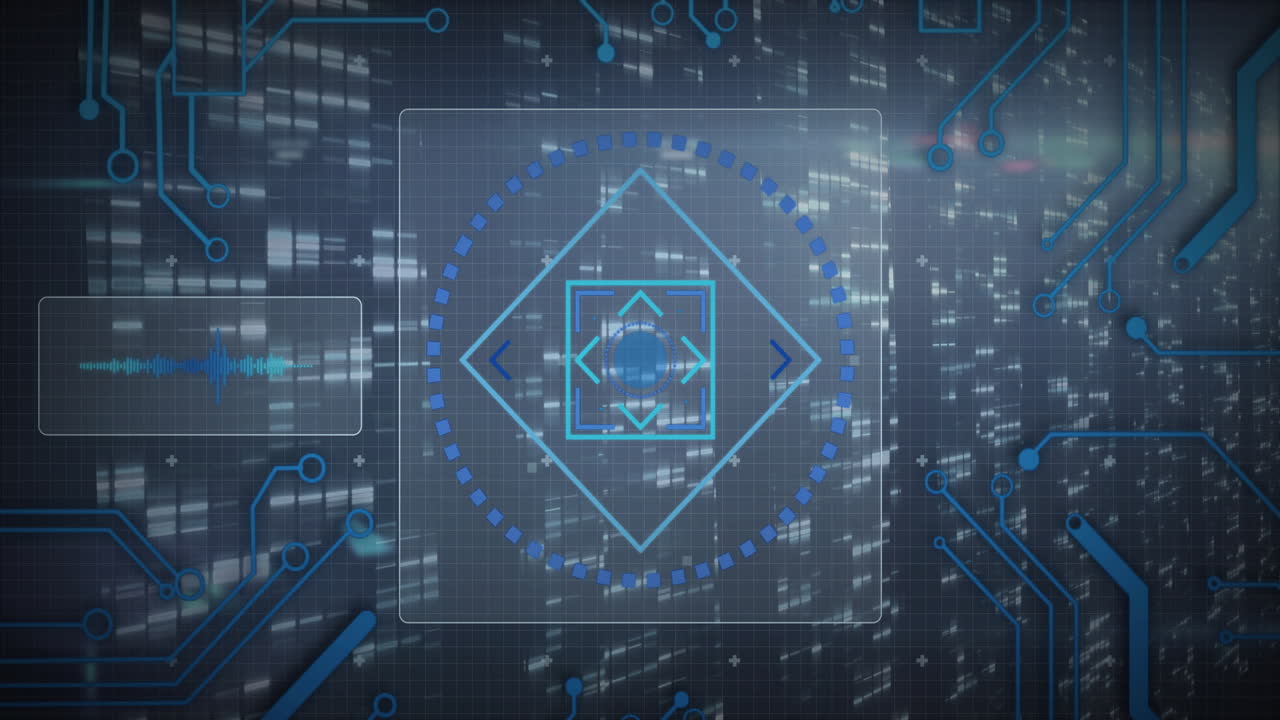 Geometric patterns and data processing in futuristic digital animation interface