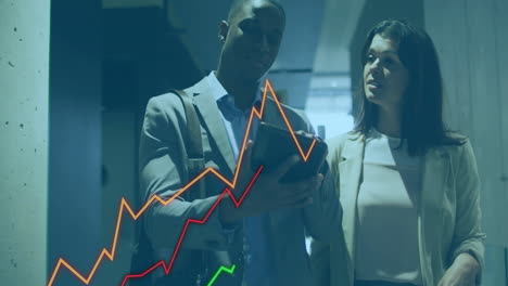 el análisis de datos financieros en la tableta, profesionales del negocio con la animación de gráficos en aumento
