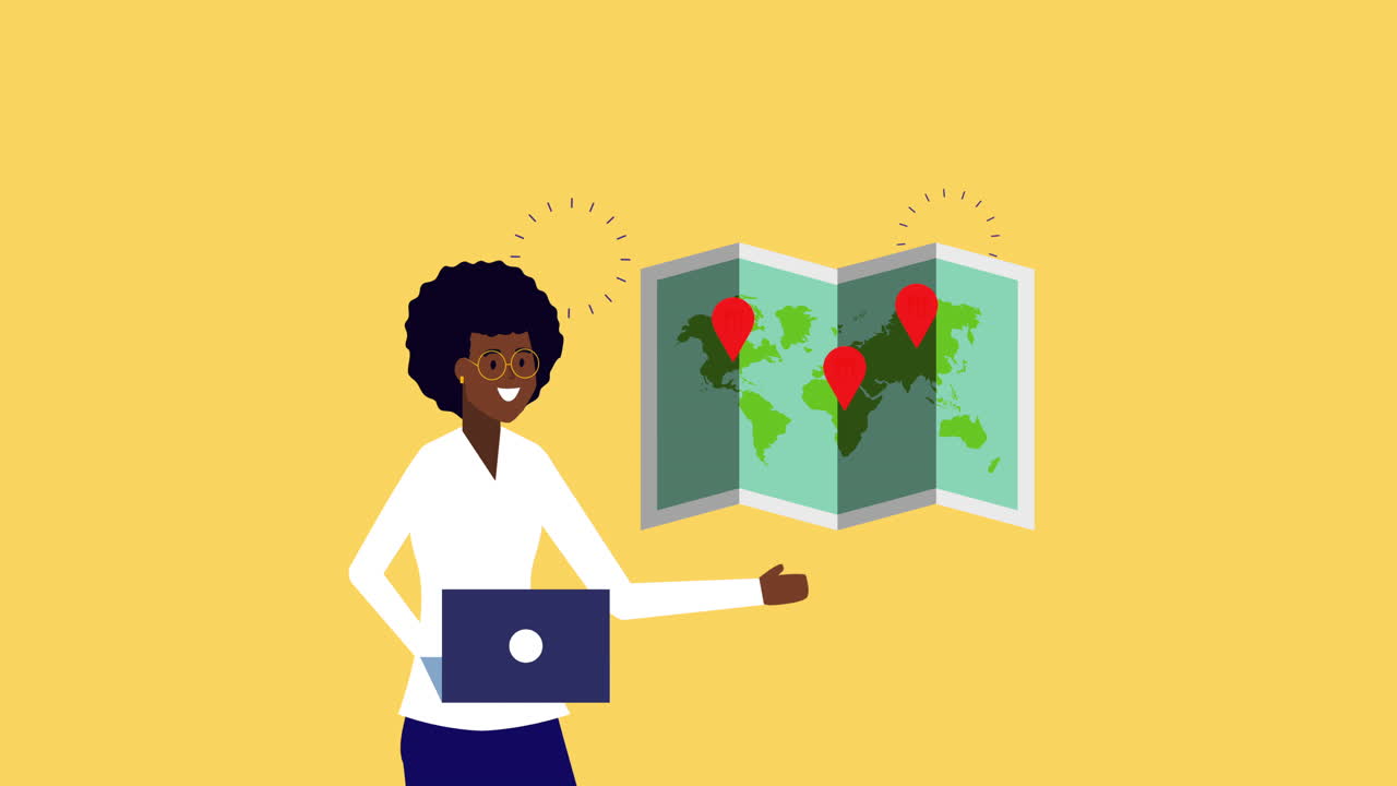 afro businesswoman using laptop with paper map animation