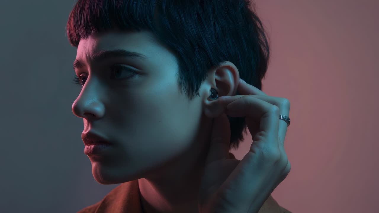 Auricolare che si sposta, modello che aggiusta l'auricolare in studio, giacca marrone, anello, illuminazione ciano-magenta