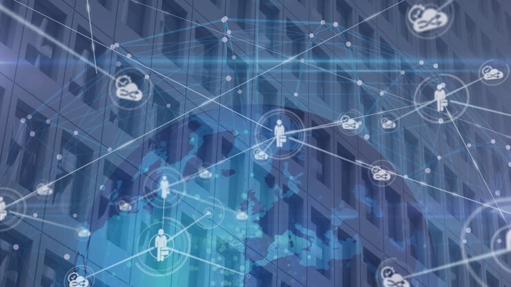 Animation of icons and dots connected with lines and globe over low angle view of building