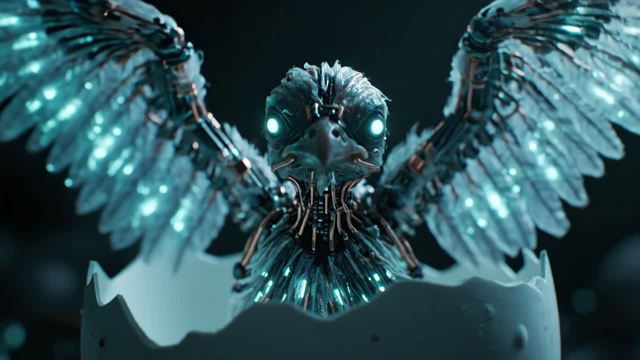 Cyborg Bird Hatching from Egg