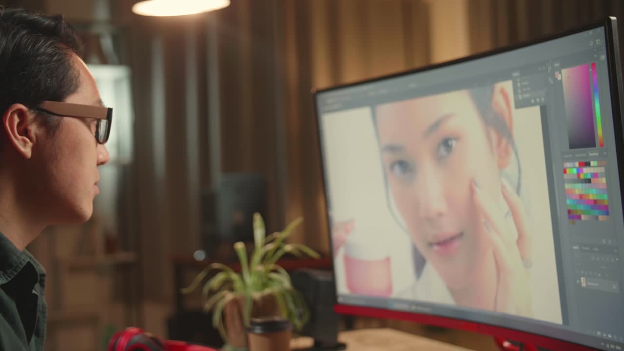 Asian Male Digital Editor Drinking Coffee While Works In Photo Editing Software On His Personal Computer With Big Display, He Works At Night