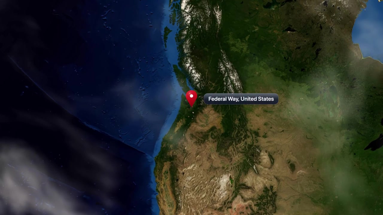 Satellite view zooms from outer space into Federal Way, Washington, marked with a pin. Includes NASA public domain imagery.
