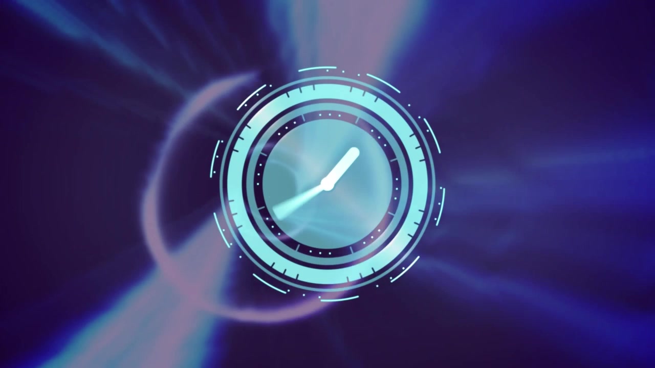 Animation einer sich schnell bewegenden Uhr und Datenverarbeitung über blauem Hintergrund.
