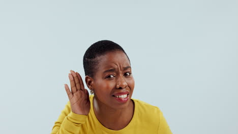 gossip, speak up face of black woman with hand