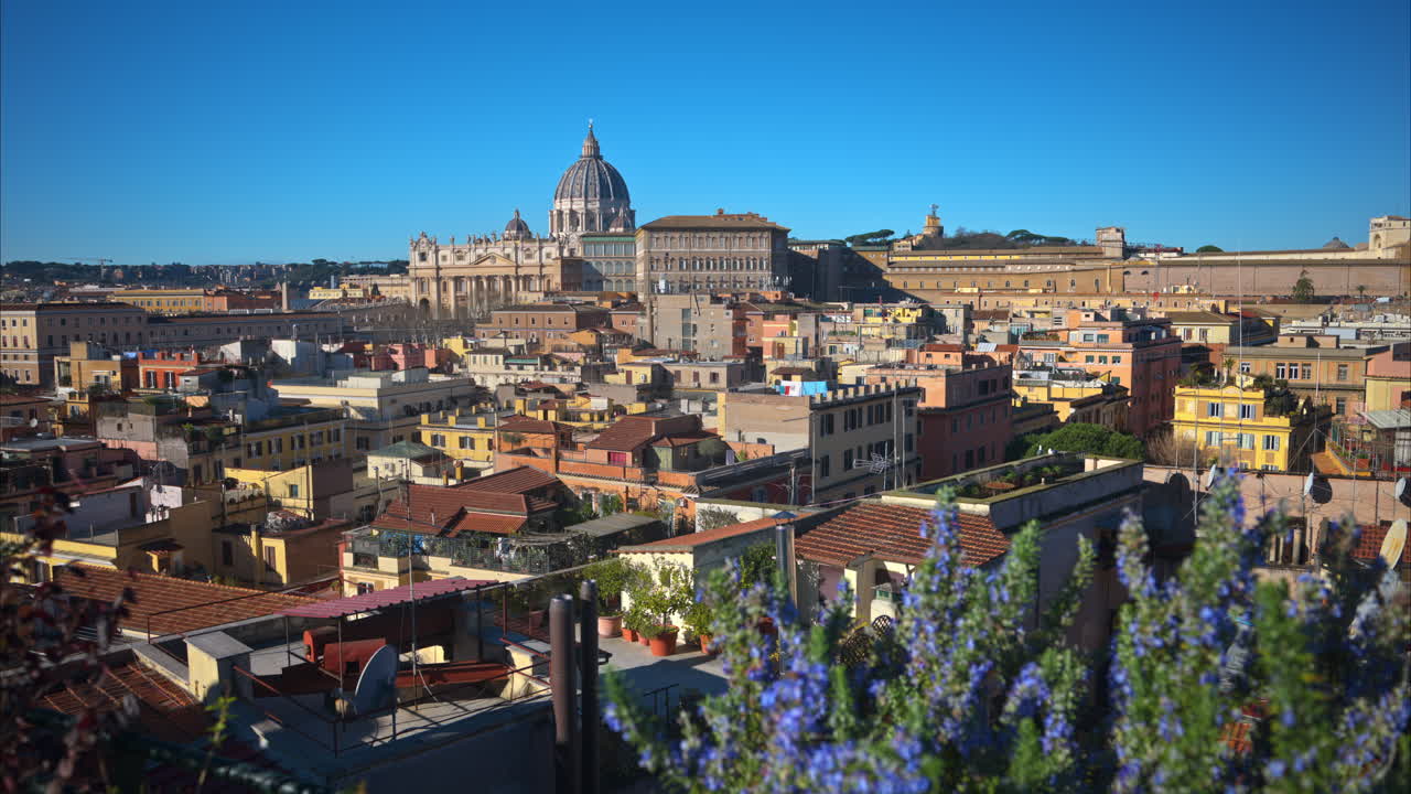 Vatican city from the distance with Saint Peter's Basilica at sunset in Rome, Italy