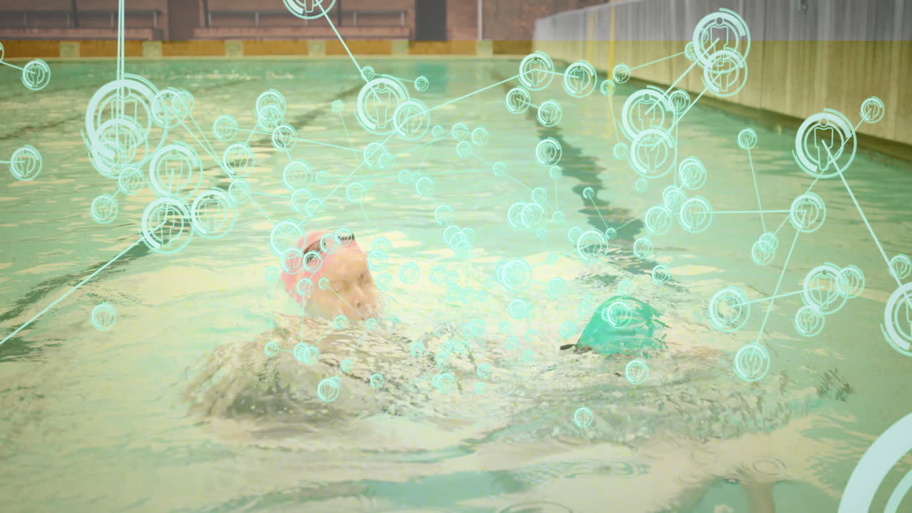 Swimming in pool, people with digital network connections animation overlay