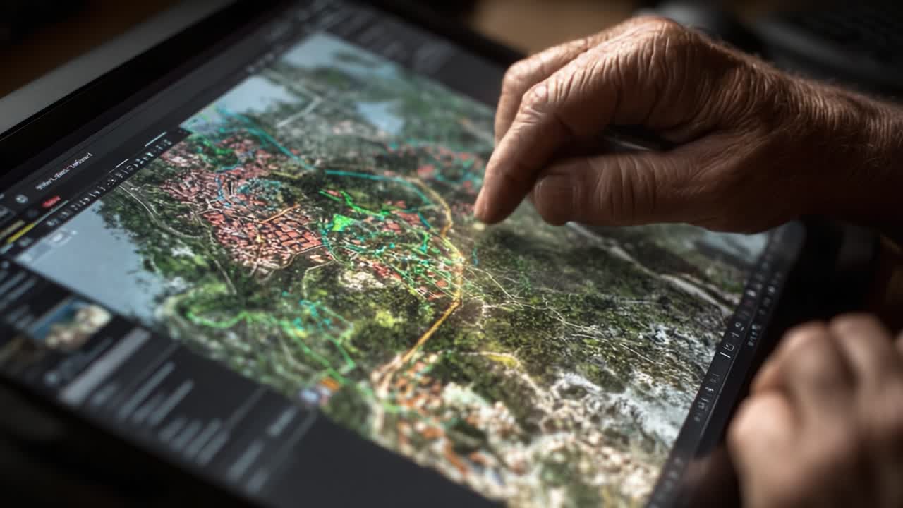 A Person Analyzing Geographic Data on a Digital Screen: A Close-Up View of Hand Interacting with Detailed Colorful Map Representations of Terrain and Urban Areas