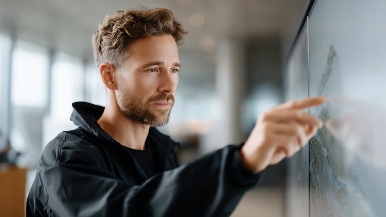 A focused individual engaging with a digital interface while analyzing data, demonstrating concentration and interaction in a modern workspace environment