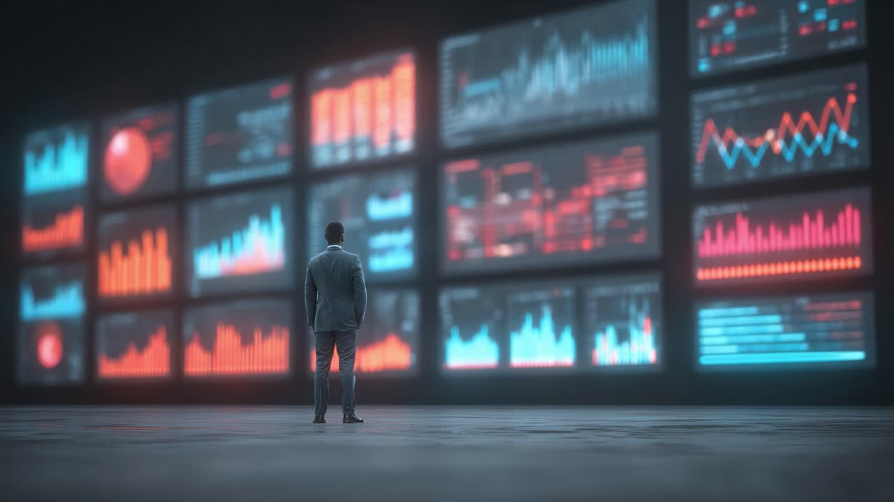 Un professionista aziendale che analizza immagini di visualizzazione dati su più schermi, confrontandosi con metriche e tendenze complesse in un ambiente digitale moderno