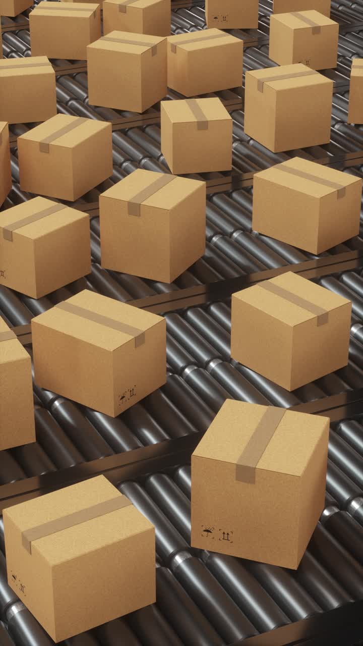 transporte de la caja del contenedor en la cinta transportadora, representación 3d