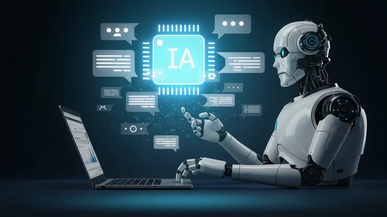 A sleek humanoid robot interacts seamlessly with a laptop, showcasing the integration of artificial intelligence through vibrant graphics and digital communication elements