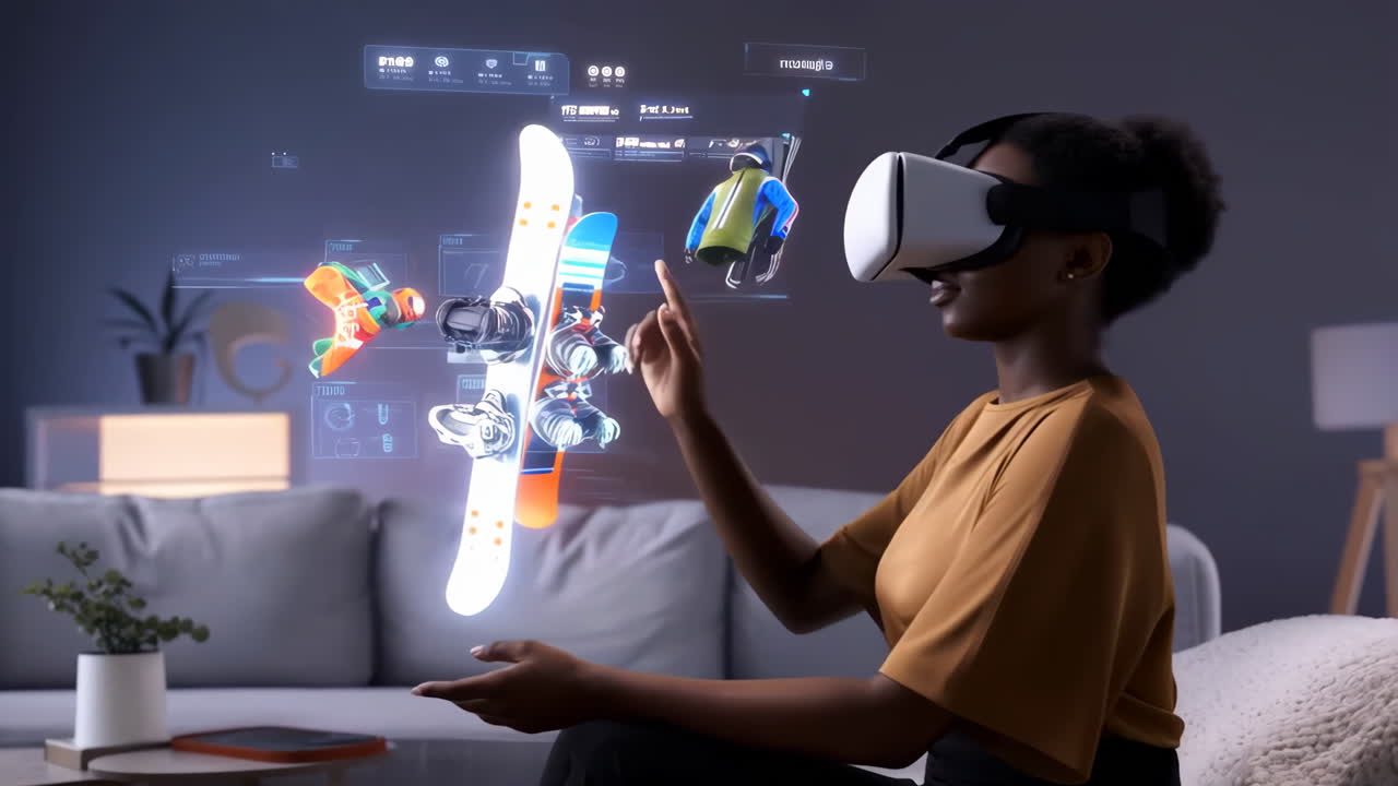 Donna con attrezzatura sportiva virtuale in un ambiente VR.